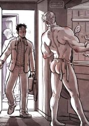 Rule 34 | . ., 0 0, 2boys, 3boys, alternate costume, apron, ass, back, bad id, bad tumblr id, bag, bald, bara, black hair, blonde hair, blush, collared shirt, cooking, couple, cris art, formal, from behind, full body, hulkling, male focus, marvel, multiple boys, muscular, muscular male, naked apron, old, old man, open door, puckered lips, shirt, short hair, sideburns, standing, suit, surprised, tentacles, thick eyebrows, wiccan, yaoi