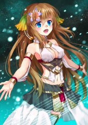 Rule 34 | 1girl, armlet, blue eyes, bracelet, breasts, brown hair, ciel nosurge, feathers, flower, hair flower, hair ornament, ionasal kkll preciel, jewelry, long hair, medium breasts, music, navel, necklace, noma (kifyz23), open mouth, singing, solo, surge concerto, thighhighs