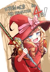 Rule 34 | 1girl, :d, blonde hair, blue eyes, bow, copyright name, countdown, cowboy shot, doctor magus, doctor magus 4, dress, etrian odyssey, fang, flat chest, frilled dress, frilled hat, frills, hat, hat bow, holding, holding staff, long hair, melto3292, open mouth, pink bow, red dress, sekaiju no meikyuu, sekaiju no meikyuu 2, sekaiju no meikyuu hd, smile, solo, staff, witch hat