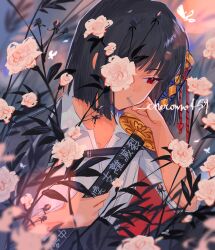 Rule 34 | 1girl, absurdres, arm support, black hair, black jacket, carnation, cheromo159, commentary, english commentary, flower, hand on own chin, highres, holding, holding sword, holding weapon, jacket, limbus company, looking down, one eye covered, project moon, red eyes, ryoshu (project moon), shirt, short hair, signature, solo, sword, two-sided fabric, two-sided jacket, upper body, weapon, white shirt