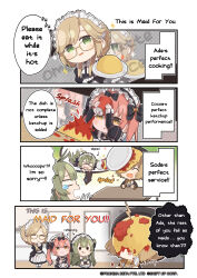 Rule 34 | &gt; &lt;, 4girls, 4koma, absurdres, ade (nikke), anis (nikke), antenna hair, apron, brown eyes, brown hair, cocoa (nikke), comic, commentary, english commentary, english text, failure, food, food on face, food on head, glasses, goddess of victory: nikke, green eyes, green hair, highres, ketchup, ketchup bottle, long hair, maid, maid apron, maid headdress, multiple girls, object on head, official art, omelet, pink hair, soda (nikke), speech bubble, totatokeke