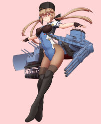 Rule 34 | 1girl, adapted turret, black bow, black hat, black leotard, blue leotard, blush, boots, bow, breasts, brown eyes, brown hair, brown pantyhose, cannon, full body, fur hat, hair between eyes, hair bow, hair ornament, hairclip, hat, kantai collection, leotard, long hair, looking at viewer, low twintails, machinery, mast, medium breasts, moke ro, pantyhose, pink background, rigging, simple background, smile, smokestack, solo, tashkent (kancolle), torpedo launcher, torpedo tubes, turret, twintails, two-tone leotard
