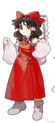 Rule 34 | 1girl, absurdres, ascot, bare shoulders, brown eyes, brown hair, chinese commentary, closed mouth, collared shirt, commentary request, detached sleeves, flat chest, gohei, hair ribbon, hair tubes, hakurei reimu, hand on own hip, highres, long skirt, long sleeves, medium hair, no shoes, phagic, red ascot, red ribbon, red skirt, red vest, ribbon, shirt, simple background, skirt, sleeveless, sleeveless shirt, socks, solo, touhou, vest, weibo watermark, white background, white shirt, white sleeves, white socks, wide sleeves