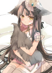 Rule 34 | 1girl, :t, animal ears, black hair, brown eyes, closed mouth, commentary request, crown, dress, ears down, grey thighhighs, highres, hugging own tail, hugging tail, long hair, looking at viewer, mini crown, mito (go!go!king!), original, pink dress, pout, see-through, solo, tail, tears, thighhighs, very long hair, wolf ears, wolf girl, wolf tail
