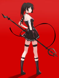 Rule 34 | 1girl, armlet, backlighting, belt, black choker, black dress, black footwear, black hair, boots, choker, commentary, dress, elbow gloves, from behind, gloves, hand on own hip, high heel boots, high heels, highres, holding, holding staff, knee boots, kneepits, looking at viewer, looking back, pleated skirt, red background, shadow, simple background, single elbow glove, skirt, solo, sousou no frieren, staff, suspenders, suspenders hanging, symbol-only commentary, thighlet, ubel (sousou no frieren), wesly2300