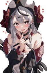 Rule 34 | 1girl, @ @, animal hood, bare shoulders, black collar, black hair, black jacket, blush, braid, collar, commentary request, ear piercing, grey hair, hair ornament, hand up, heart, highres, hololive, hood, index finger raised, jacket, long hair, long sleeves, looking at viewer, open mouth, piercing, red eyes, red ribbon, ribbon, sa-ya2, sakamata chloe, simple background, solo, upper body, virtual youtuber, white background, x hair ornament