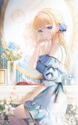 Rule 34 | 1girl, absurdres, bare shoulders, blonde hair, blue dress, blue eyes, blue flower, blush, braid, cinderella, dress, flower, frilled dress, frills, glass slipper, hair flower, hair ornament, hand up, highres, indoors, long hair, looking at viewer, looking back, mirror, nail polish, parted lips, sitting, solo, table, white flower, yuna (deadawon)