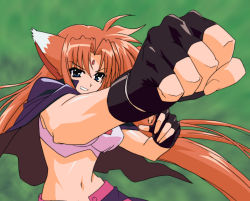 Rule 34 | 00s, 1girl, absurdres, ahoge, animal ears, arf, black gloves, blue eyes, blurry, breasts, cape, clenched hand, crop top, depth of field, dog ears, facial mark, fighting stance, fingerless gloves, forehead jewel, forehead mark, foreshortening, gem, gloves, grin, highres, hip bones, long hair, lyrical nanoha, mahou shoujo lyrical nanoha, midriff, narrow waist, orange hair, outstretched arm, parted bangs, pink hair, punching, sia, sia (testarossa), smile, solo, upper body, very long hair