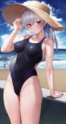 Rule 34 | 1girl, absurdres, alternate costume, arm support, blue sky, breasts, cloud, competition swimsuit, covered navel, darker than black, grey hair, groin, hat, highres, horizon, long hair, looking at viewer, medium breasts, ocean, one-piece swimsuit, red eyes, sand, sawatari kazuma, shore, sky, solo, straw hat, swimsuit, water, yin (darker than black)
