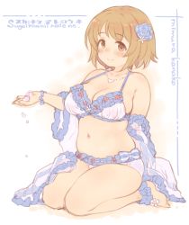 Rule 34 | 1girl, 7010, ankle scrunchie, bare shoulders, barefoot, belly, blue flower, blush, bra, breasts, brown eyes, brown hair, character name, flower, frills, hair flower, hair ornament, idolmaster, idolmaster cinderella girls, jewelry, large breasts, lingerie, looking at viewer, mimura kanako, navel, necklace, panties, plump, romaji text, scrunchie, seiza, short hair, simple background, sitting, smile, solo, translation request, underwear, white background