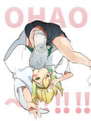Rule 34 | :q, absurdres, amano pikamee, black hairband, black shorts, blonde hair, blush, colored inner hair, commentary, english text, green eyes, green hair, hairband, halftone, hand up, highres, licking lips, looking at viewer, multicolored hair, ryo (ryo skrdi), salute, shirt, shoe soles, shoes, shorts, simple background, sketch, sneakers, symbol-only commentary, tongue, tongue out, two-tone hair, upshorts, virtual youtuber, voms, w, white background, white shirt, wide sleeves