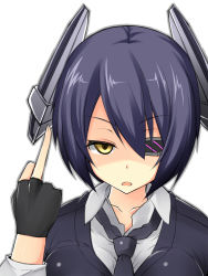 Rule 34 | 10s, 1girl, eyepatch, fingerless gloves, gloves, headgear, kantai collection, kuragari, looking at viewer, middle finger, open mouth, partially fingerless gloves, personification, purple hair, short hair, solo, tenryuu (kancolle), yellow eyes