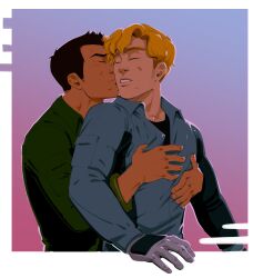 Rule 34 | 2boys, absurdres, ao isami, black hair, blonde hair, cheekbones, closed eyes, couple, facial hair, from side, hand on another&#039;s chest, highres, hug, inset border, interracial, kiss, kissing cheek, lewis smith, male focus, medium sideburns, multiple boys, pretentiousfork, sideburns stubble, stubble, thick eyebrows, upper body, yaoi, yuuki bakuhatsu bang bravern