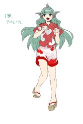Rule 34 | 1girl, absurdres, aqua hair, blush, breasts, buttons, cloud print, commentary request, curly hair, derivative work, full body, geta, green eyes, heart, hidden star in four seasons, highres, horns, kariyushi shirt, komainu, komano aunn, korean commentary, kuya (hey36253625), long hair, open mouth, paw pose, pink shirt, shirt, short sleeves, shorts, simple background, single horn, small breasts, toes, touhou, translation request, white background, white shorts