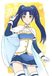 Rule 34 | 1girl, blue hair, blush, cape, cosplay, cowboy shot, cross ange, gloves, heart, kitamura eri, long hair, looking at viewer, mahou shoujo madoka magica, mahou shoujo madoka magica (anime), miki sayaka, miki sayaka (cosplay), nazopau, salia (cross ange), smile, solo, thighhighs, twintails, v, voice actor connection, yellow eyes
