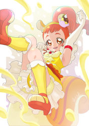 Rule 34 | 1girl, animal ears, arisugawa himari, bloomers, blush, cure custard, dress, earrings, elbow gloves, food, food-themed hair ornament, forehead, frilled dress, frills, gloves, hair ornament, highres, jewelry, kirakira precure a la mode, long hair, magical girl, neck bobbles, open mouth, pom pom (clothes), pom pom earrings, ponytail, precure, pudding, shoes, smile, socks, solo, squirrel ears, squirrel tail, tail, tiler (tiler00), underwear, white background, white gloves, yellow dress, yellow socks
