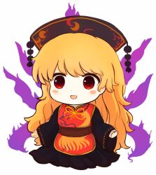 Rule 34 | 1girl, animal print, belt, bird print, black dress, blonde hair, blush, bow, bowtie, brown belt, brown hat, chibi, chinese clothes, commentary request, crescent, crescent print, dress, energy, full body, gradient hair, hair between eyes, hands up, hat, junko (touhou), long hair, long sleeves, looking to the side, mandarin collar, multicolored hair, open mouth, orange hair, phoenix crown, phoenix print, pom pom (clothes), red eyes, red tabard, rei (tonbo0430), simple background, smile, solo, standing, tabard, tongue, touhou, very long hair, white background, wide sleeves, yellow bow, yellow bowtie