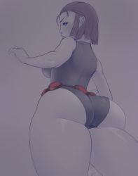 Rule 34 | 1girl, ass, belt, breasts, brown hair, curvy, dc comics, forehead jewel, hip focus, huge ass, large breasts, leotard, looking at viewer, looking back, maarthul, purple eyes, raven (dc), short hair, solo, teen titans, thick thighs, thighs, wide hips