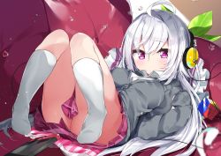 Rule 34 | 1girl, absurdres, ahoge, ass, breasts, cardigan, closed mouth, commentary request, couch, grey cardigan, hair between eyes, headphones, highres, huge filesize, kamioka shun&#039;ya, knees up, large breasts, long hair, long sleeves, looking at viewer, lying, no shoes, on back, on couch, original, plaid, plaid skirt, pleated skirt, purple eyes, purple skirt, rubik&#039;s cube, shiori (kamioka shun&#039;ya), shirt, silver hair, skirt, sleeves past wrists, socks, solo, very long hair, white shirt, white socks