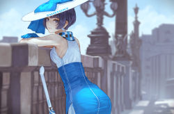 Rule 34 | 1girl, ass, bare shoulders, blue eyes, blue hair, blue sky, breasts, bridge, closed mouth, cowboy shot, day, dress, gloves, hat, kaoming, looking at viewer, outdoors, short hair, sky, sleeveless, sleeveless dress, smile, solo, suntory, suntory nomu, umbrella, virtual youtuber, white hat