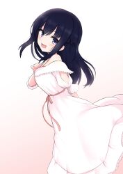 Rule 34 | 1girl, :d, absurdres, arm behind back, arm cutout, bare shoulders, black hair, blush, breasts, dress, feet out of frame, floating hair, from side, hair between eyes, hand on own chest, highres, idoly pride, kagarimi, leaning forward, long dress, looking at viewer, lower teeth only, medium breasts, nagase mana, off-shoulder dress, off shoulder, one side up, open mouth, pink ribbon, purple eyes, ribbon, sidelocks, smile, solo, teeth, waist ribbon, white dress