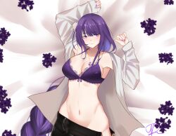 Rule 34 | 1girl, arms up, bare shoulders, bra, breasts, cleavage, commentary request, genshin impact, groin, highres, jewelry, large breasts, long hair, looking at viewer, navel, nitrouzs, open clothes, open shirt, pendant, purple bra, purple eyes, purple hair, raiden shogun, shirt, solo, stomach, underwear, upper body, very long hair, white shirt