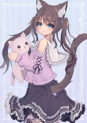 Rule 34 | 1girl, absurdres, animal ear fluff, animal ears, black skirt, bloomers, blue background, blue eyes, brown hair, cat ears, cat girl, cat tail, closed mouth, clothing cutout, detached sleeves, frilled sailor collar, frills, from side, hair between eyes, hair ornament, hairclip, heart, highres, hinata (user rjkt4745), holding, holding stuffed toy, long hair, long sleeves, looking at viewer, looking to the side, original, pink shirt, pink sleeves, pleated skirt, puffy long sleeves, puffy sleeves, sailor collar, shirt, skirt, sleeveless, sleeveless shirt, sleeves past wrists, solo, stuffed animal, stuffed cat, stuffed toy, tail, tail through clothes, twintails, underwear, very long hair, white bloomers, white sailor collar