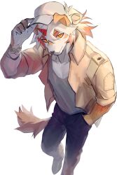 Rule 34 | 1boy, arknights, black footwear, black pants, bracelet, brown jacket, from above, furry, furry male, grey shirt, hand in pocket, hashtag-only commentary, hat tip, highres, horns, hung (arknights), jacket, jewelry, komainu boy, komainu ears, komainu tail, looking at viewer, male focus, orange eyes, pants, shabi96522, shirt, single horn, sleeves rolled up, smile, white background