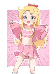 Rule 34 | 1girl, :3, absurdres, blonde hair, clothes pull, clothes writing, crop top, english text, eyebrows, flat chest, forehead, green eyes, highres, himesaka noa, jacket, jacket pull, kneehighs, long hair, midriff, navel, open clothes, open jacket, open mouth, painter-lhb, pink skirt, pink tank top, ponytail, pulling own clothes, ribbon, skirt, smile, socks, solo, tank top, watashi ni tenshi ga maiorita!, white socks