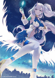 Rule 34 | 1girl, aqua eyes, bird, blue dress, blue nails, braid, braided bangs, breasts, bright pupils, clothing cutout, company name, detached sleeves, dress, earrings, feather hair ornament, feathers, glowing, hair ornament, hand on own chest, heels, highres, hololive, hololive indonesia, jewelry, long hair, nail polish, navel cutout, official art, parted lips, pavolia reine, peacock feathers, pochi (pochi-goya), ribbon, side ponytail, sideboob, silver hair, sky, smile, solo, star (sky), starry sky, thighhighs, very long hair, virtual youtuber, white pupils