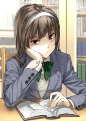 Rule 34 | 1girl, :/, blazer, blunt bangs, book, bookshelf, bow, bowtie, brown eyes, brown hair, colored eyelashes, fingernails, hairband, head rest, jacket, long hair, looking at viewer, open book, original, pov, shimotsuki eight, sitting, solo, staring