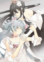 Rule 34 | 2girls, aqua eyes, aqua hair, bare shoulders, black dress, black hair, brown eyes, chinese commentary, crossover, dress, gloves, hatsune miku, headwear request, highres, interlocked fingers, long hair, looking at viewer, multiple girls, red: pride of eden, red neckwear, twintails, vocaloid, white dress, white gloves, xiaochichi
