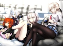Rule 34 | 4girls, absurdres, ahoge, artoria pendragon (all), artoria pendragon (fate), black legwear, black tank top, blonde hair, blouse, blue shorts, blue skirt, blush, breasts, collar, collared shirt, controller, crossed legs, dress shirt, fate/grand order, fate/stay night, fate (series), foo (pixiv54892036), fujimaru ritsuka (female), hair ornament, hair scrunchie, headpiece, highres, jeanne d&#039;arc (fate), jeanne d&#039;arc alter (avenger) (fate), jeanne d&#039;arc alter (fate), jeanne d&#039;arc alter santa lily (fate), knees up, large breasts, long hair, long sleeves, looking at another, looking at viewer, looking to the side, low ponytail, medium breasts, multiple girls, one side up, open mouth, orange eyes, orange hair, pantyhose, playstation controller, ponytail, saber alter, scrunchie, shirt, short hair, short shorts, shorts, sidelocks, silver hair, sitting, skirt, small breasts, socks, tank top, thighs, very long hair, white shirt, yellow eyes