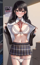 Rule 34 | 1girl, black hair, black jacket, blazer, blush, box, bra, breasts, brown eyes, brown skirt, cardboard box, cleavage, closed mouth, cowboy shot, exhibitionism, highres, indoors, jack dempa, jacket, large breasts, long hair, long sleeves, looking at viewer, navel, neck ribbon, open clothes, open jacket, open shirt, original, panties, panty pull, plaid, plaid skirt, pleated skirt, public indecency, red ribbon, ribbon, school uniform, shirt, skirt, solo, translation request, underwear, undressing, white bra, white panties, white shirt