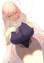 Rule 34 | 1girl, ahoge, blue archive, blush, bow, braid, breasts, green eyes, hair between eyes, hair bow, half-closed eyes, halo, hanako (blue archive), highres, huge breasts, long hair, looking at viewer, open mouth, pink hair, pink halo, solo, swimsuit, tomi27, very long hair