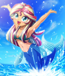 Rule 34 | 1girl, aqua eyes, bikini, bikini top only, blonde hair, colored skin, happy, mermaid, monster girl, multicolored hair, my little pony, my little pony: equestria girls, my little pony: friendship is magic, ocean, red hair, solo, sunset shimmer, swimsuit, tagme, two-tone hair, uotapo, water, yellow skin