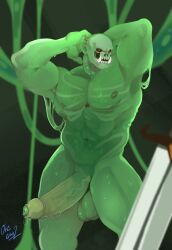 Rule 34 | 1boy, abs, bald, bara, black sclera, colored sclera, colttheorc (orcguy2), completely nude, feet out of frame, foreskin, girthy penis, head tilt, highres, large hands, large pectorals, large penis, large testicles, looking at viewer, male focus, monster boy, muscular, muscular male, navel, nipples, nude, orc, original, outstretched arms, pectorals, penis, pointy ears, precum, precum string, skull, slime boy, solo, stomach, testicles, thick thighs, thighs, tusks, uncensored