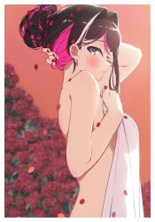 Rule 34 | 1girl, arm behind head, azki (hololive), black hair, blush, border, breasts, closed mouth, colored inner hair, commentary request, covering privates, flower, hair bun, hair intakes, highres, holding, holding towel, hololive, loeldrive, looking at viewer, multicolored hair, naked towel, nude, nude cover, orange background, petals, pink hair, purple eyes, red flower, red nails, red rose, rose, shy, sideboob, single hair bun, solo, streaked hair, towel, upper body, virtual youtuber, white border, white hair, white towel