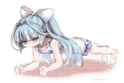Rule 34 | 1girl, ass, barefoot, blue hair, blush, bow, butt crack, ciel nosurge, collarbone, full body, green eyes, hair bow, hair intakes, kureudon, long hair, motion lines, open mouth, sarly planck, solo, surge concerto, sweat, swimsuit, trembling, very long hair, white bow