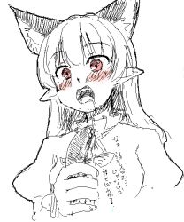 Rule 34 | 1girl, animal ears, bad id, bad pixiv id, blush, bow, bowtie, cat ears, collar, dress, drooling, fish, frilled collar, frilled sleeves, frills, isaki (gomi), kaenbyou rin, long hair, monochrome, open mouth, pointy ears, raised eyebrows, red eyes, sexually suggestive, spot color, touhou, translation request