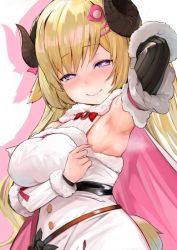 Rule 34 | 1girl, animal ears, arm behind head, armpits, bare shoulders, blonde hair, blush, bow, bowtie, breasts, brooch, cape, closed mouth, covered erect nipples, detached sleeves, dress, fur-trimmed cape, fur-trimmed dress, fur-trimmed sleeves, fur trim, hair ornament, hairclip, half-closed eyes, hololive, horns, hoshara, jewelry, large breasts, long hair, looking at viewer, purple eyes, ribbed sleeves, sheep ears, sheep girl, sheep horns, sleeveless, sleeveless dress, smile, solo, steam, sweat, tsunomaki watame, tsunomaki watame (1st costume), two-sided cape, two-sided fabric, very long hair, virtual youtuber, white dress
