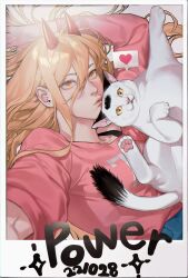 Rule 34 | 1girl, 7hrang, animal hands, cat, cat paws, chainsaw man, character name, dated, heart, highres, horns, korean commentary, long hair, long sleeves, looking at viewer, meowy (chainsaw man), pink shirt, power (chainsaw man), puckered lips, selfie, shirt