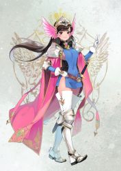 Rule 34 | 1girl, adapted costume, armor, armored boots, belt, blue dress, boots, breasts, brown eyes, brown hair, cape, chkuyomi, closed mouth, covered navel, d.va (overwatch), detached collar, dress, elbow gloves, elbow pads, facepaint, facial mark, full body, gem, gloves, greaves, grey background, hand on own hip, hand up, head wings, helm, helmet, knee pads, lips, long hair, long sleeves, looking at viewer, medium breasts, microdress, overwatch, overwatch 1, pauldrons, pink cape, pink lips, scabbard, sheath, sheathed, shoulder armor, shoulder pads, side slit, sideboob, sleeveless, sleeveless dress, smile, solo, standing, sword, tabard, thigh boots, thighhighs, turtleneck, v, weapon, whisker markings, white footwear, white gloves, white thighhighs, winged helmet, wings