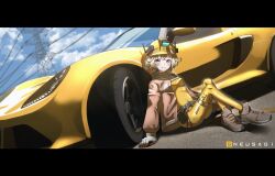 Rule 34 | 1girl, arm support, artist name, belt, blonde hair, blush, bodysuit, breasts, brown footwear, brown jacket, car, clothes writing, crossed ankles, drecantya, dutch angle, floor, goddess of victory: nikke, grin, hard hat, helmet, highres, jacket, liter (nikke), motor vehicle, open clothes, open jacket, safety boots, short hair, sitting, sky, small breasts, smile, solo, transmission tower, utility belt, yellow bodysuit, yellow eyes