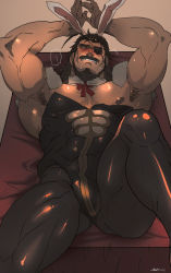 Rule 34 | 1boy, animal ears, bara, beard, brown eyes, brown hair, bulge, crossdressing, detached collar, eugen (granblue fantasy), eyepatch, facial hair, fake animal ears, granblue fantasy, large pectorals, looking at viewer, male focus, male playboy bunny, manly, muscular, mustache, old, old man, pantyhose, pectorals, playboy bunny, rybiok, solo, thighs, tight clothes, upper body