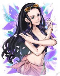 Rule 34 | 1girl, black hair, breasts, cleavage, commentary request, fujitachobi, glasses, highres, large breasts, long hair, looking at viewer, navel, nico robin, one piece, smile, solo, swimsuit, teeth