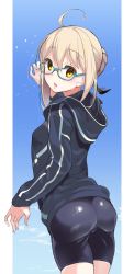 Rule 34 | 1girl, ahoge, aqua-framed eyewear, artoria pendragon (fate), ass, bike shorts, black shorts, blonde hair, blue background, blush, border, braid, cowboy shot, fate/grand order, fate (series), from behind, glasses, hair between eyes, highres, hood, hoodie, long sleeves, looking back, mysterious heroine x alter (fate), mysterious heroine x alter (second ascension) (fate), open mouth, outside border, shorts, solo, standing, suppa (hagakuresuppa), yellow eyes