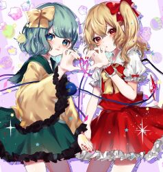 Rule 34 | 2boys, :o, aqua hair, blonde hair, blue eyes, bow, bowtie, candy, closed mouth, collared shirt, commentary, cowboy shot, eyelashes, flandre scarlet, food, frilled bowtie, frilled shirt collar, frilled skirt, frilled sleeves, frilled wrist cuffs, frills, green sailor collar, green skirt, hair bow, heart, heart hands, heart hands duo, heart of string, highres, holding hands, komeiji koishi, light blush, lollipop, long hair, long sleeves, looking at viewer, miniskirt, multiple boys, nail polish, no headwear, one side up, parted lips, pointy ears, puffy short sleeves, puffy sleeves, purple background, red bow, red eyes, red nails, red skirt, red vest, red wrist cuffs, sailor collar, shirt, short hair, short sleeves, single wrist cuff, skirt, skirt set, sleeve bow, smile, sparkle, star (symbol), striped, striped background, suzune hapinesu, symbol-only commentary, third eye, touhou, two-tone background, vest, white background, white shirt, white sleeves, wide sleeves, wrist cuffs, yellow bow, yellow bowtie, yellow shirt, yellow sleeves