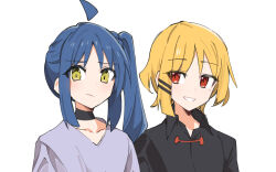 Rule 34 | 2girls, ahoge, alternate hair color, black choker, black shirt, blonde hair, blue hair, bocchi the rock!, choker, collared shirt, color switch, detached ahoge, eri (erikiri), green eyes, grin, hair ornament, hairclip, highres, ijichi nijika, long hair, looking at viewer, medium hair, mole, mole under eye, multiple girls, ponytail, purple shirt, red eyes, shirt, side ponytail, simple background, smile, teeth, white background, yamada ryo