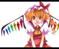 Rule 34 | 1girl, blonde hair, blood, blouse, collared shirt, female focus, flandre scarlet, hat, letterboxed, mob cap, rainbow order, red eyes, shirt, solo, touhou, white background, white hat, white shirt, yuhiko